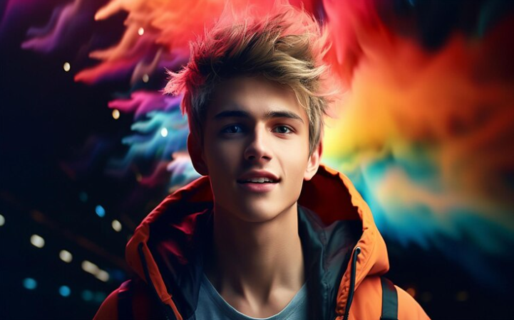 Jovem rapaz, adolecente de cabelo loiro,pele clara e sorriso estampado, olhar carinhoso, vestindo uma jaqueta laranja que gosta de ebook.